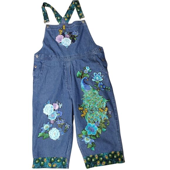 Upcycled Vintage Floral Peacock Blue Jeans Bib Overalls Size XL Women's Agapo